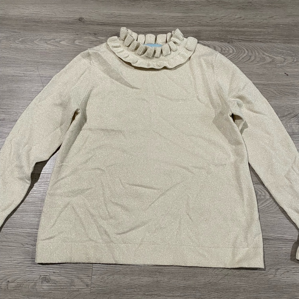 TUCKERNUCK Ivory Shimmer Edie Ruffle Sweater Cashmere Wool XS - Picture 6 of 10